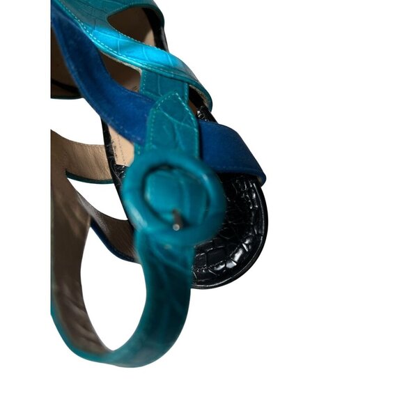 Paul Andrew High Heel Sandals Blue & Turquoise Croc Embossed Leather  - Size 37 - Picture 12 of 16